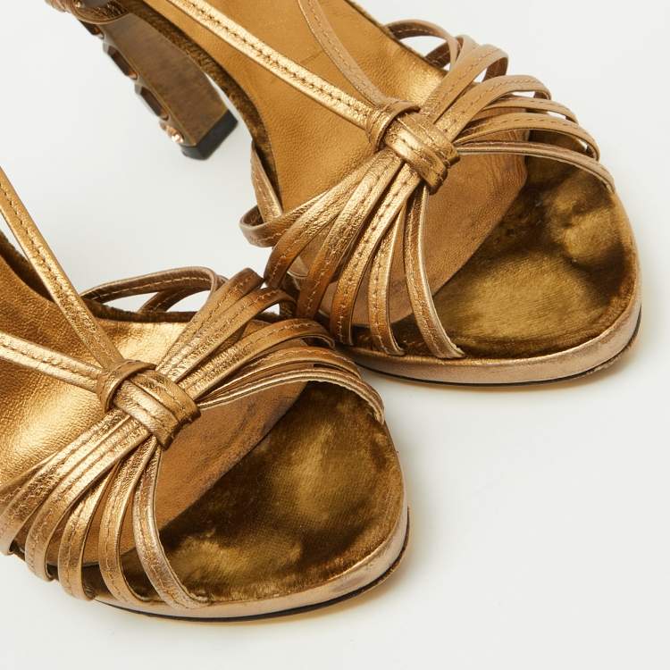 Pre Owned Miu Miu Gold Leather Crystal Embellished Heel Strappy Sandals Size 36