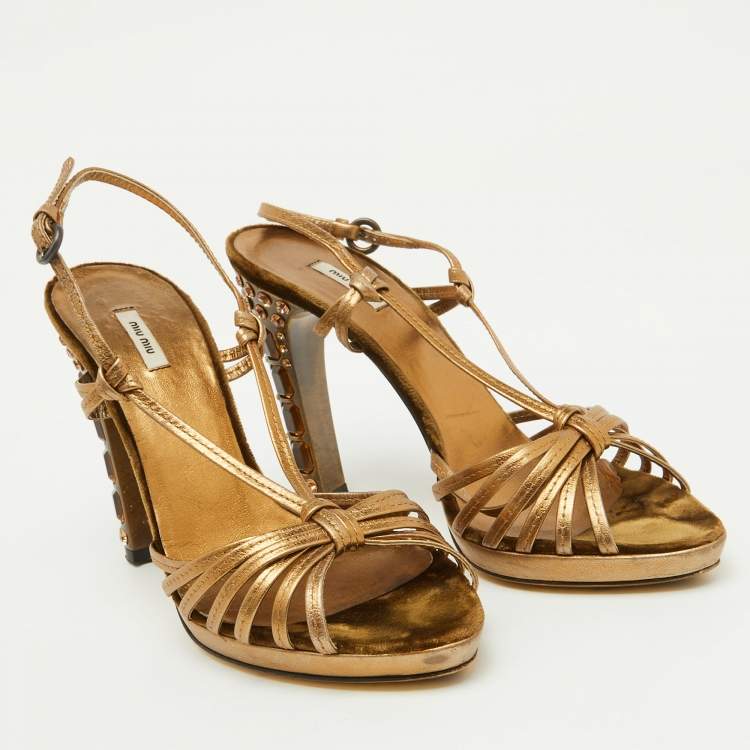 Pre Owned Miu Miu Gold Leather Crystal Embellished Heel Strappy Sandals Size 36