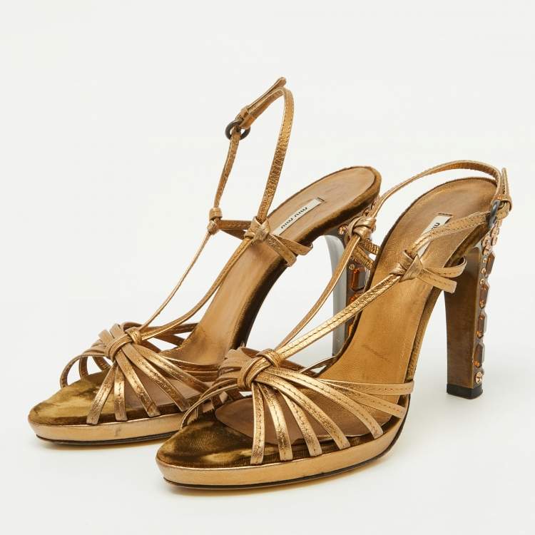 Pre Owned Miu Miu Gold Leather Crystal Embellished Heel Strappy Sandals Size 36