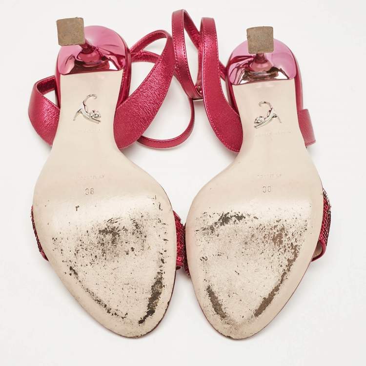 Pre Owned Miu Miu Metallic Rose Leather Ankle Strap Sandals Size 38