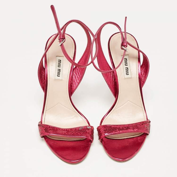 Pre Owned Miu Miu Metallic Rose Leather Ankle Strap Sandals Size 38