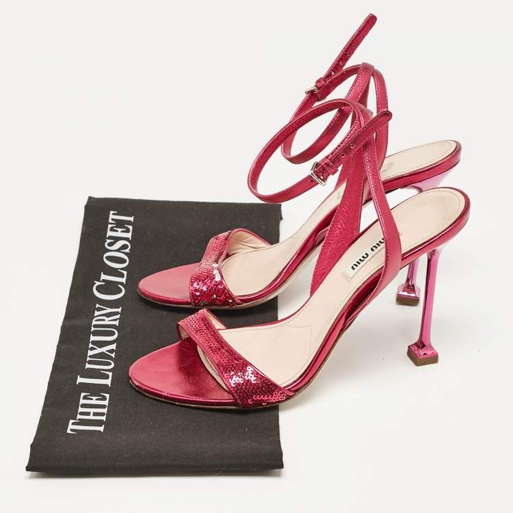 Pre Owned Miu Miu Metallic Rose Leather Ankle Strap Sandals Size 38
