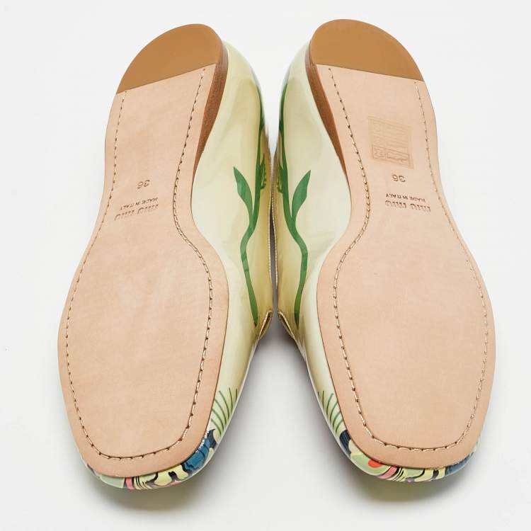 Pre Owned Miu Miu Green Cat Print Patent Leather Ballet Flats Size 36