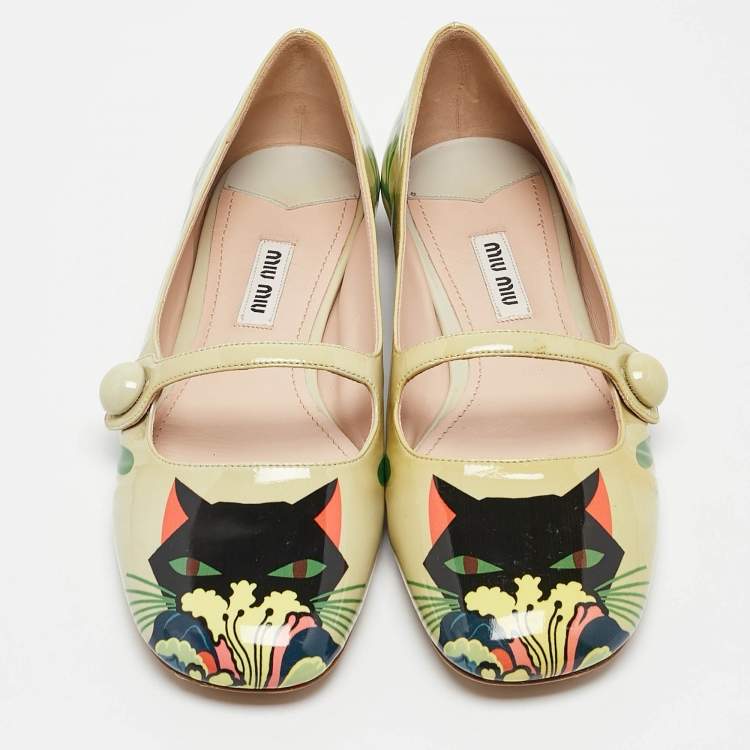 Pre Owned Miu Miu Green Cat Print Patent Leather Ballet Flats Size 36