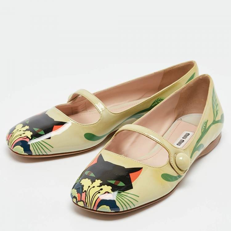Pre Owned Miu Miu Green Cat Print Patent Leather Ballet Flats Size 36