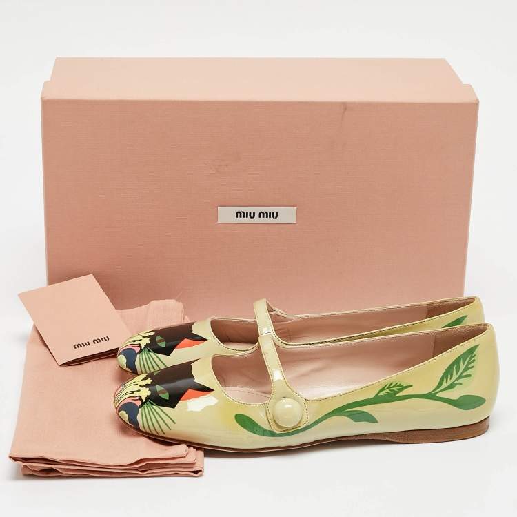 Pre Owned Miu Miu Green Cat Print Patent Leather Ballet Flats Size 36