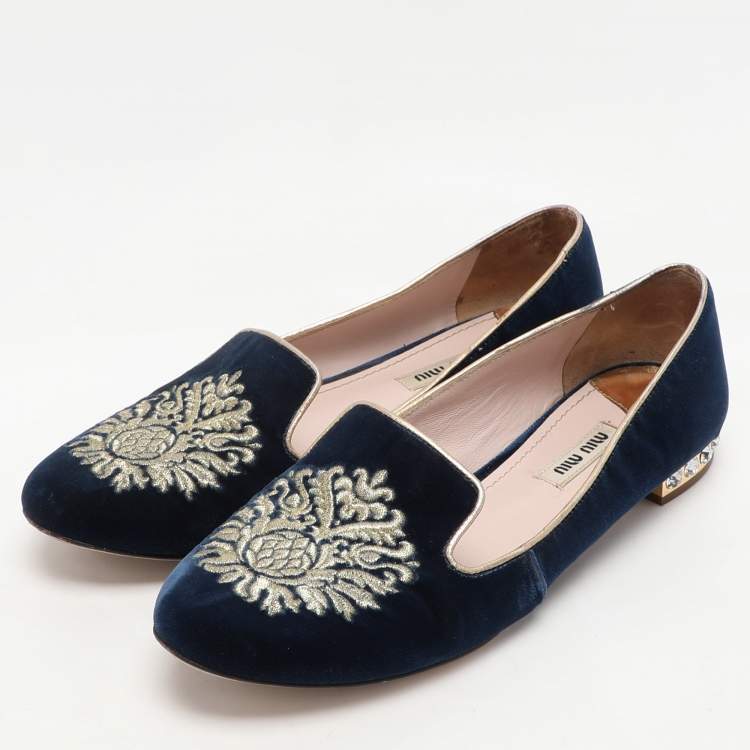 Pre Owned Miu Miu Blue Embroidered Velvet Crystal Embellished Smoking Slippers Size 37
