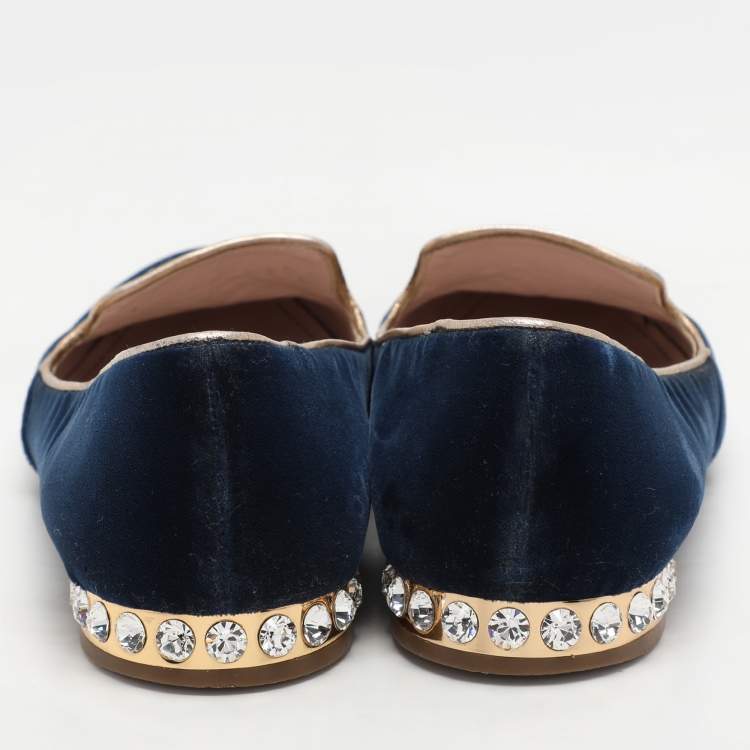 Pre Owned Miu Miu Blue Embroidered Velvet Crystal Embellished Smoking Slippers Size 37