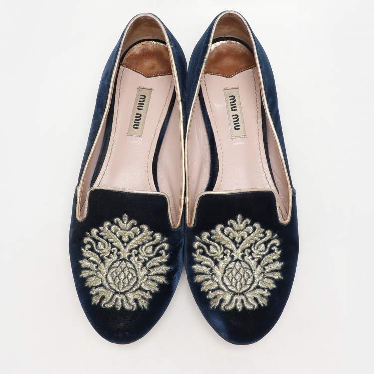 Pre Owned Miu Miu Blue Embroidered Velvet Crystal Embellished Smoking Slippers Size 37