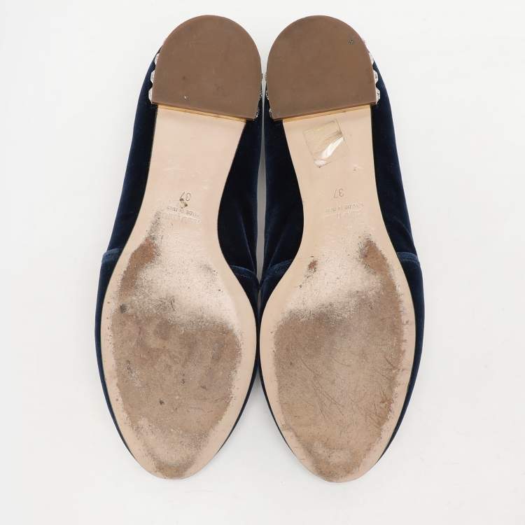 Pre Owned Miu Miu Blue Embroidered Velvet Crystal Embellished Smoking Slippers Size 37