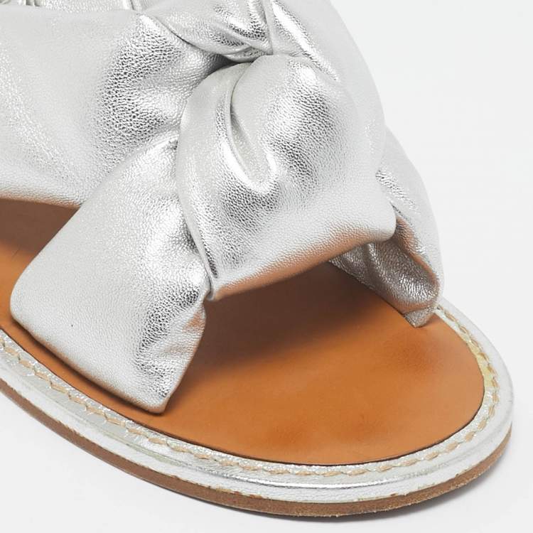 Pre Owned Miu Miu Silver Leather Knotted Flat Slingback Sandals Size 40.5