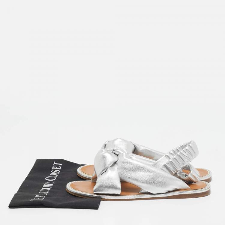 Pre Owned Miu Miu Silver Leather Knotted Flat Slingback Sandals Size 40.5