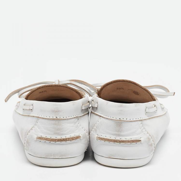 Pre Owned Miu Miu White Distressed Leather Bow Slip On Boat Shoes Size 36.5