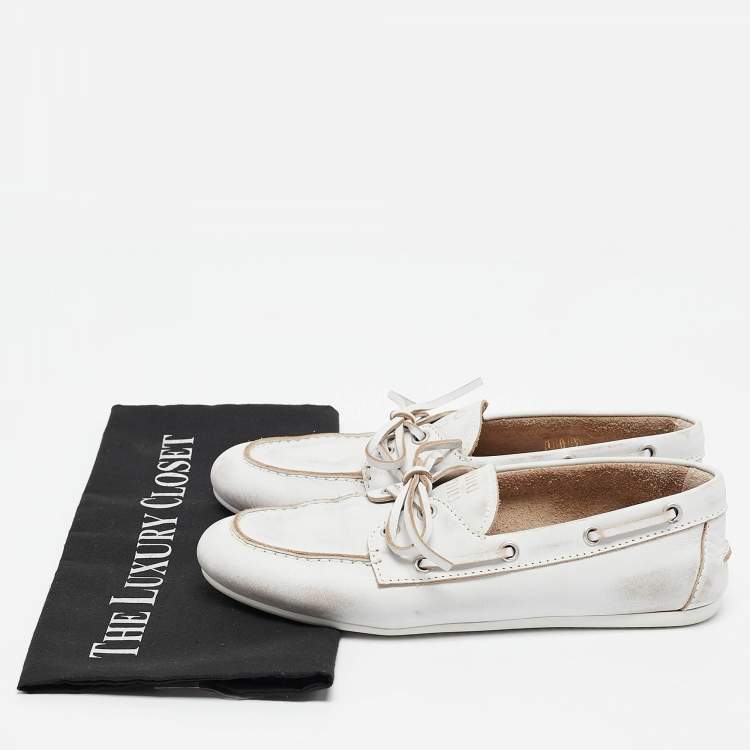 Pre Owned Miu Miu White Distressed Leather Bow Slip On Boat Shoes Size 36.5