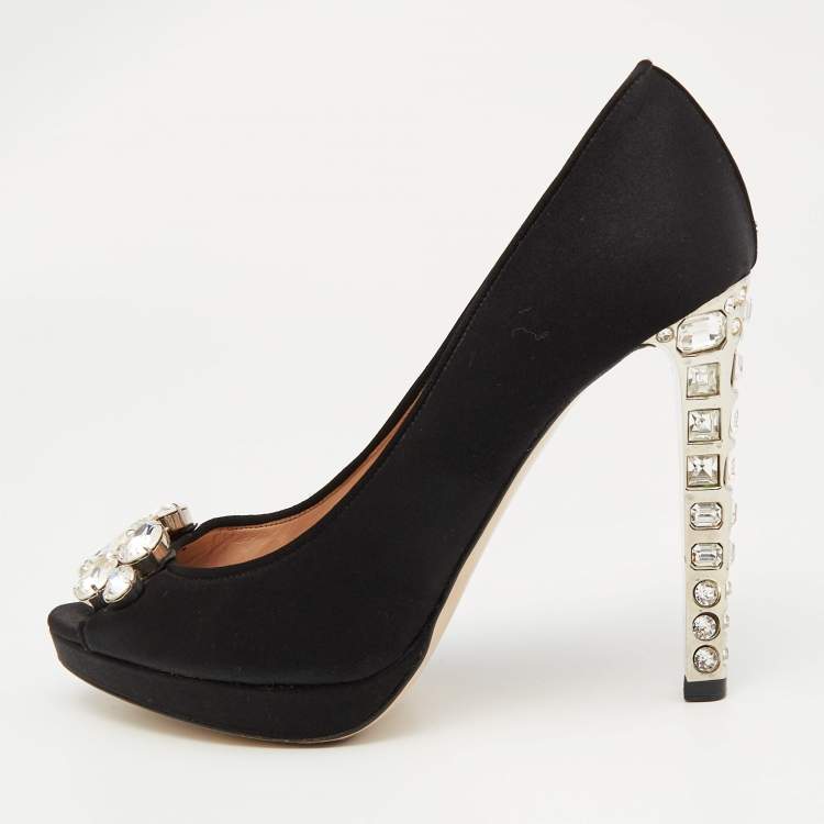 Pre Owned Miu Miu Black Satin Crystal Embellished Peep Toe Platform Pumps Size 37