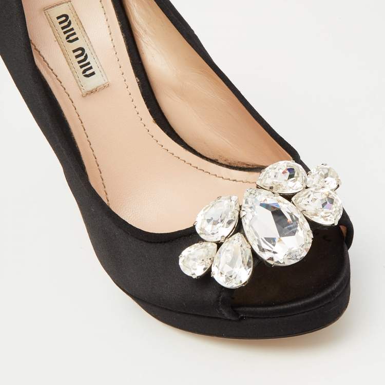 Pre Owned Miu Miu Black Satin Crystal Embellished Peep Toe Platform Pumps Size 37