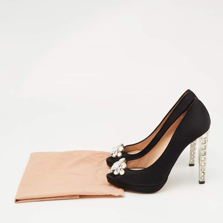 Pre Owned Miu Miu Black Satin Crystal Embellished Peep Toe Platform Pumps Size 37