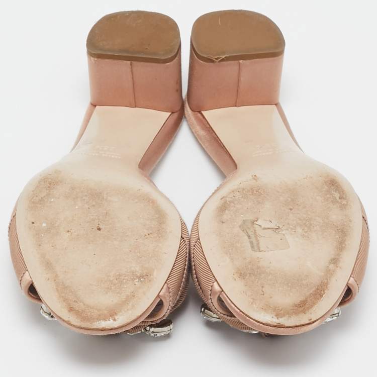 Pre Owned Miu Miu Beige Fabric Crystal Embellished Slide Sandals Size 38.5