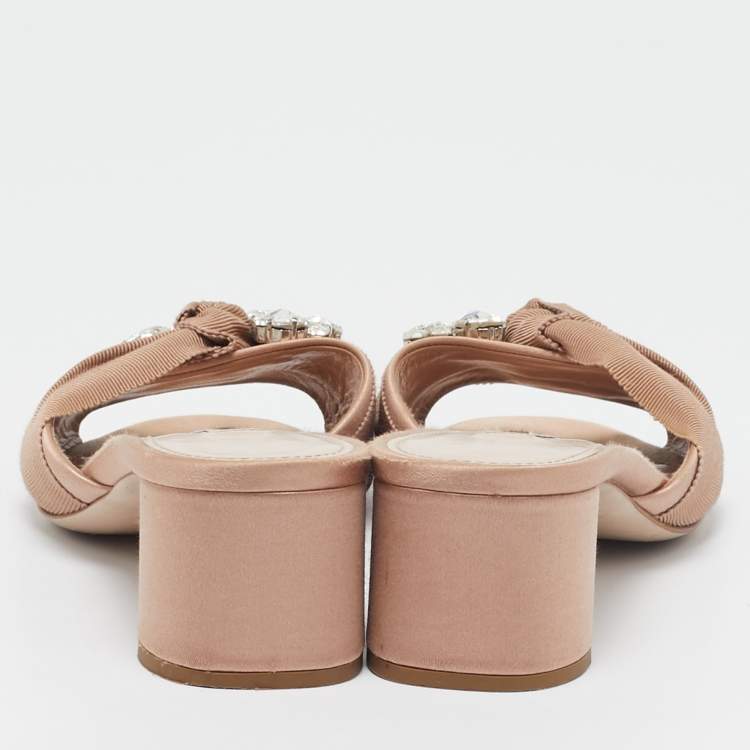 Pre Owned Miu Miu Beige Fabric Crystal Embellished Slide Sandals Size 38.5