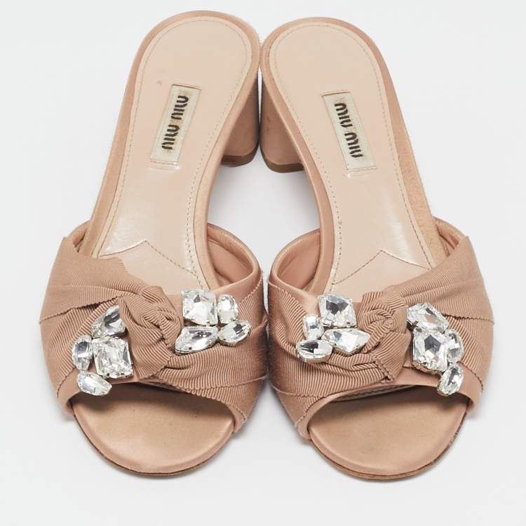 Pre Owned Miu Miu Beige Fabric Crystal Embellished Slide Sandals Size 38.5