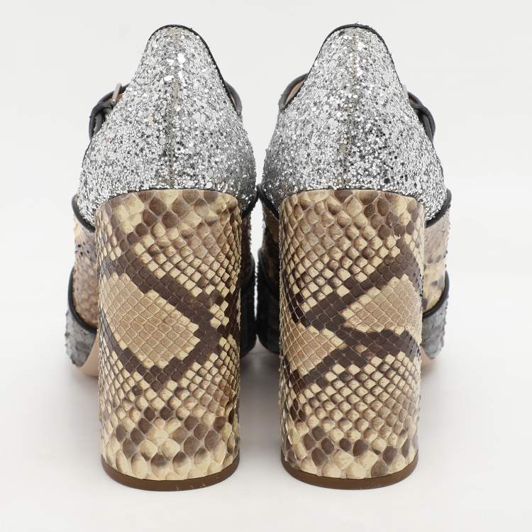 Pre Owned Miu Miu Multicolor Glitter and Python Leather Block Heel Pumps Size 40