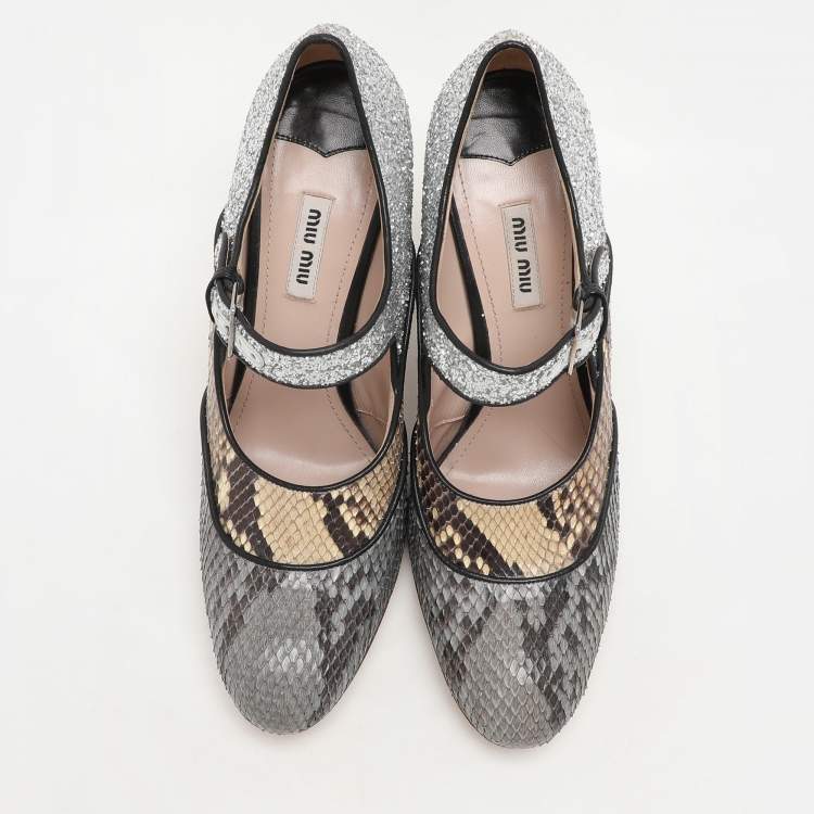 Pre Owned Miu Miu Multicolor Glitter and Python Leather Block Heel Pumps Size 40