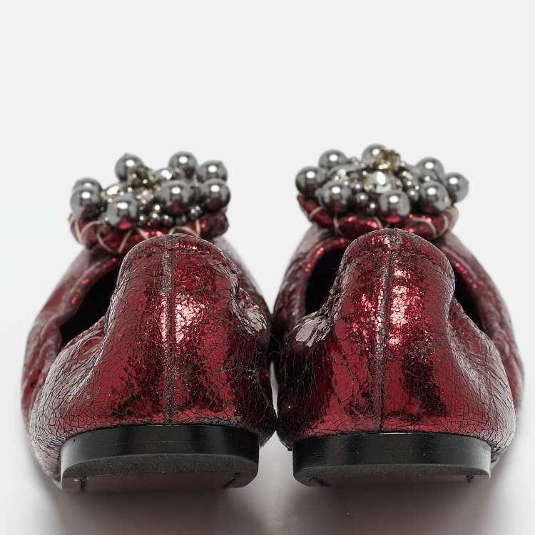 Pre Owned Miu Miu Burgundy Texture Leather Scrunch Ballet Flats Size 40