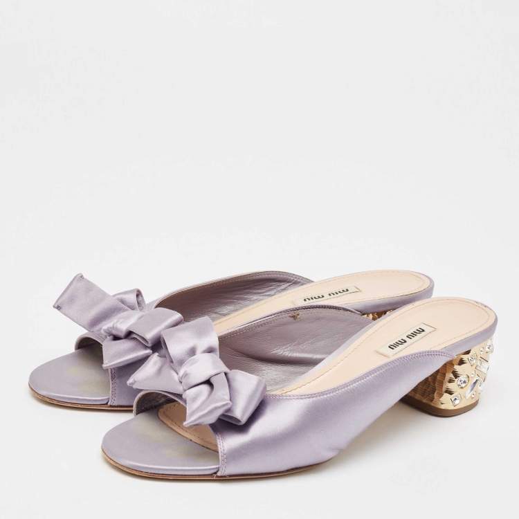 Pre Owned Miu Miu Purple Satin Bow  Crystal Heel Sandals Size 41