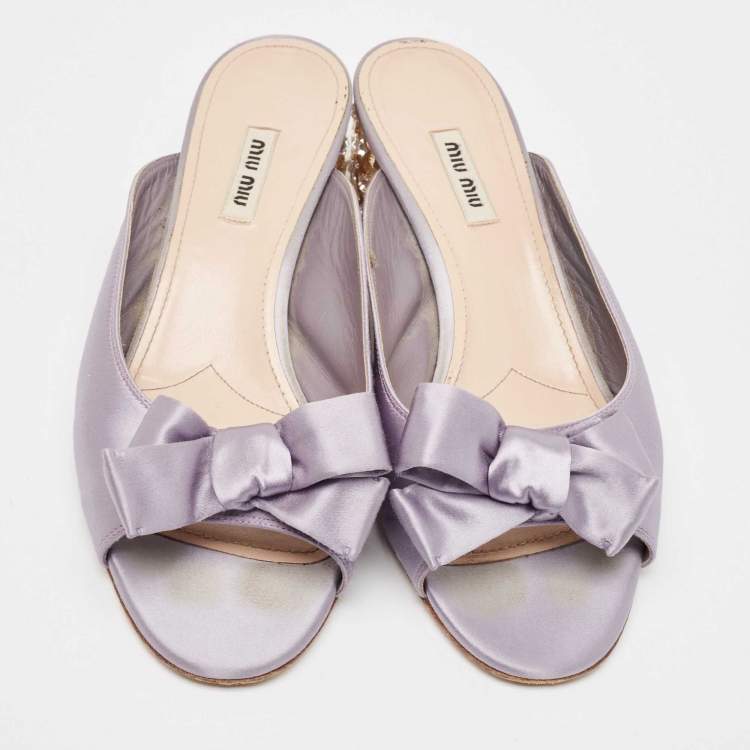 Pre Owned Miu Miu Purple Satin Bow  Crystal Heel Sandals Size 41