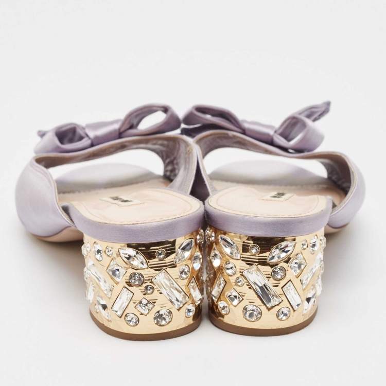 Pre Owned Miu Miu Purple Satin Bow  Crystal Heel Sandals Size 41