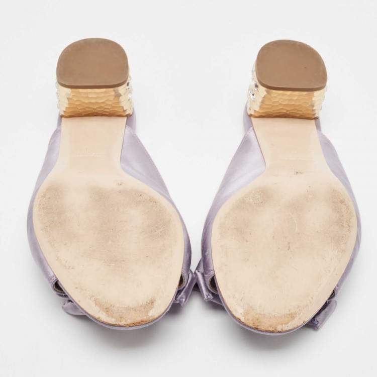 Pre Owned Miu Miu Purple Satin Bow  Crystal Heel Sandals Size 41