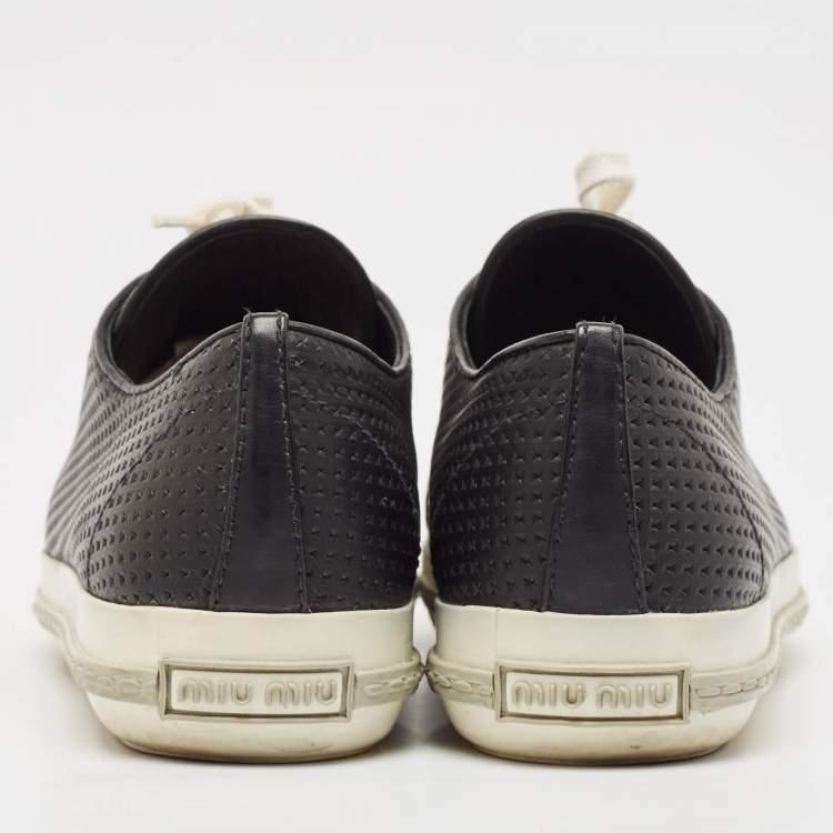 Pre Owned Miu Miu Black Leather Crystal Embellished Cap Toe Low Top Sneakers Size 37.5