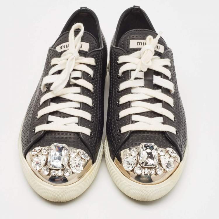 Pre Owned Miu Miu Black Leather Crystal Embellished Cap Toe Low Top Sneakers Size 37.5