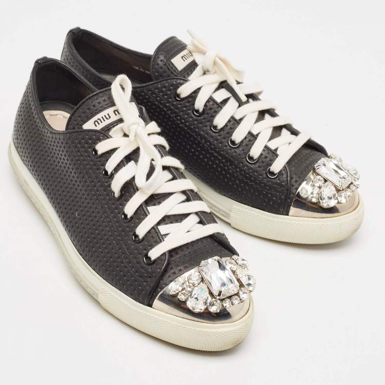 Pre Owned Miu Miu Black Leather Crystal Embellished Cap Toe Low Top Sneakers Size 37.5