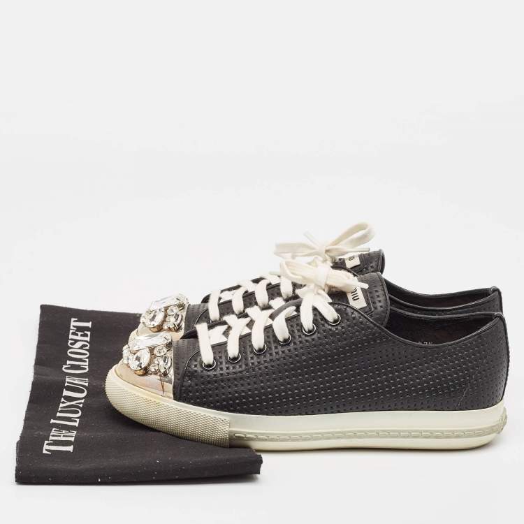 Pre Owned Miu Miu Black Leather Crystal Embellished Cap Toe Low Top Sneakers Size 37.5