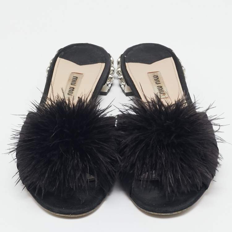 Pre Owned Miu Miu Black Ostrich Feather and Satin Crystals Embellished Slide Flats Size 38.5