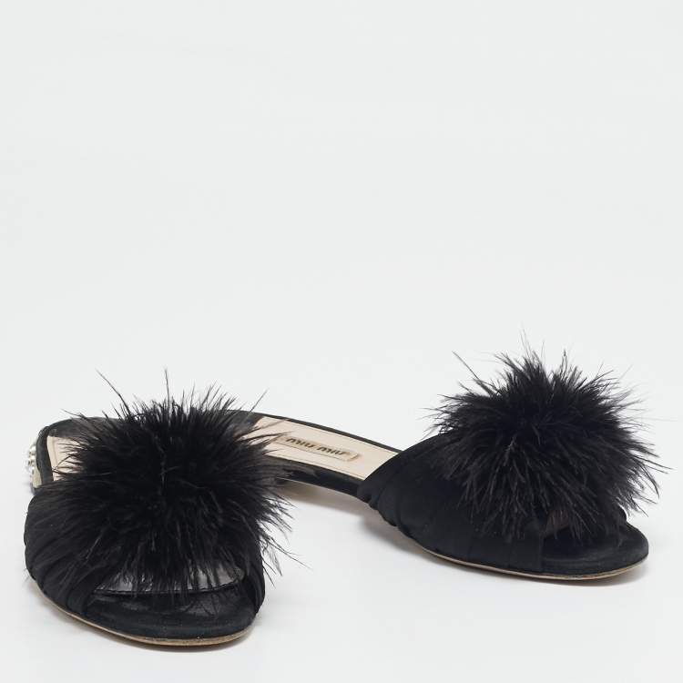 Pre Owned Miu Miu Black Ostrich Feather and Satin Crystals Embellished Slide Flats Size 38.5