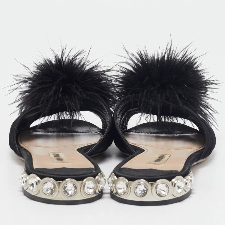 Pre Owned Miu Miu Black Ostrich Feather and Satin Crystals Embellished Slide Flats Size 38.5