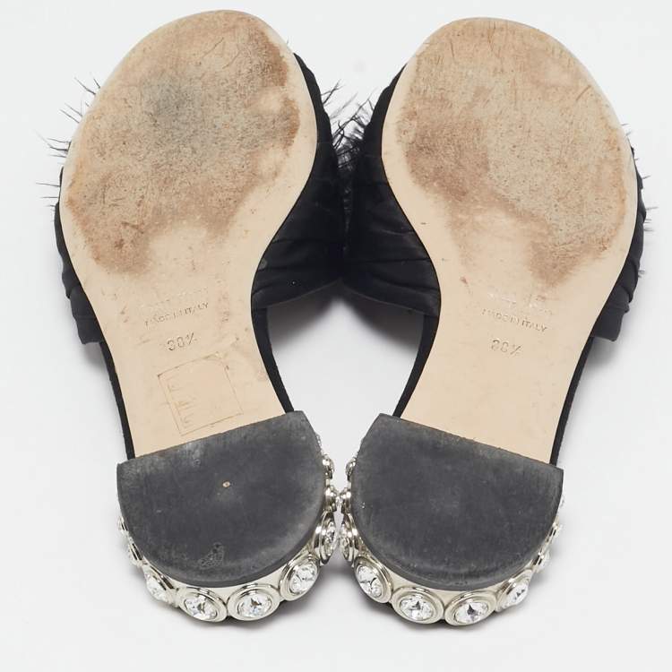 Pre Owned Miu Miu Black Ostrich Feather and Satin Crystals Embellished Slide Flats Size 38.5