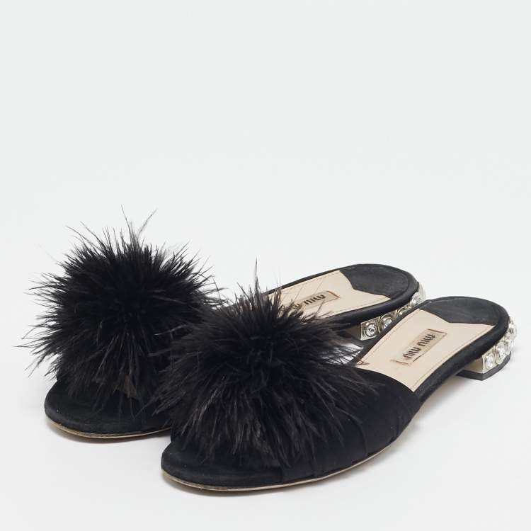 Pre Owned Miu Miu Black Ostrich Feather and Satin Crystals Embellished Slide Flats Size 38.5