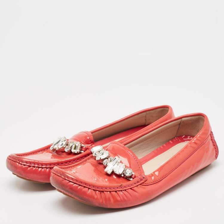 Pre Owned Miu Miu Red Patent Leather Crystal Embellished Smoking Slippers Size 37