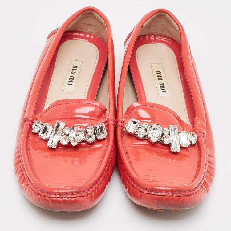 Pre Owned Miu Miu Red Patent Leather Crystal Embellished Smoking Slippers Size 37
