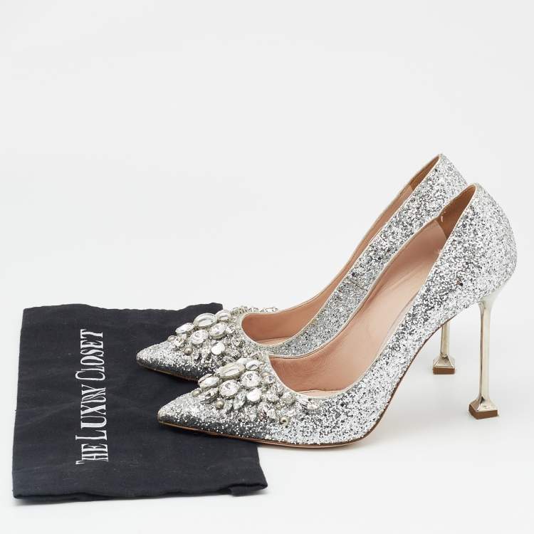 Pre Owned Miu Miu Silver Studded Glitter Crystal Embellished Pointed-Toe Pumps Size 39