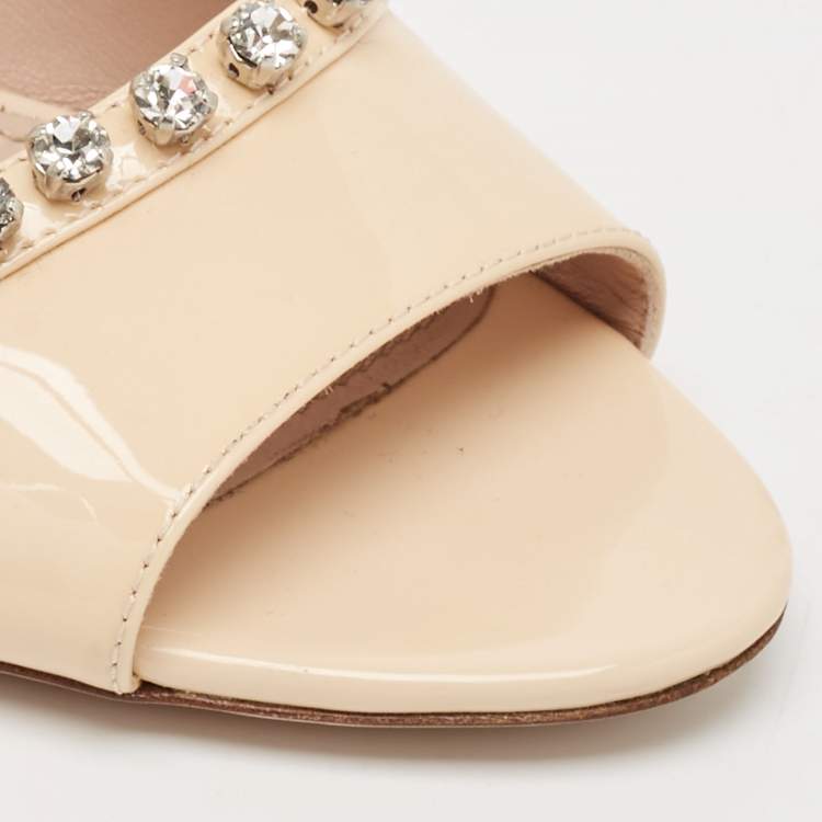 Pre Owned Miu Miu Beige Patent Leather Crystal Embellished Open Toe Mules Size 36