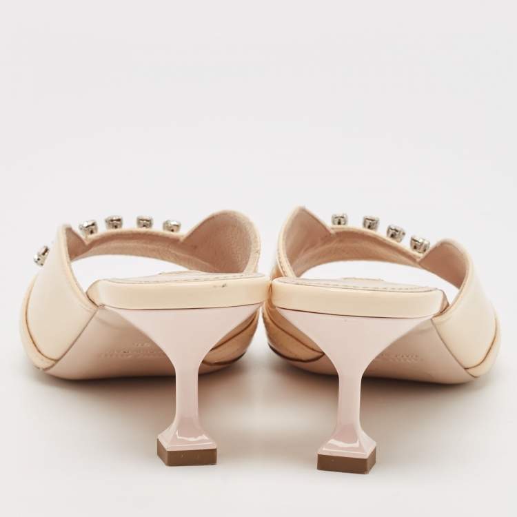 Pre Owned Miu Miu Beige Patent Leather Crystal Embellished Open Toe Mules Size 36