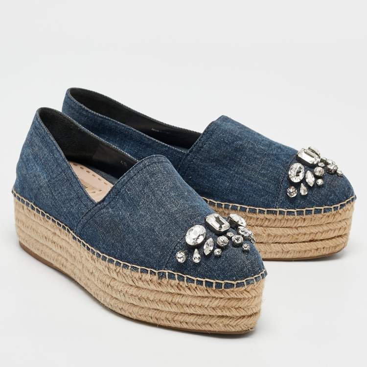 Pre Owned Miu Miu Blue Denim Crystal Embellished Platform Espadrille Flats Size 40
