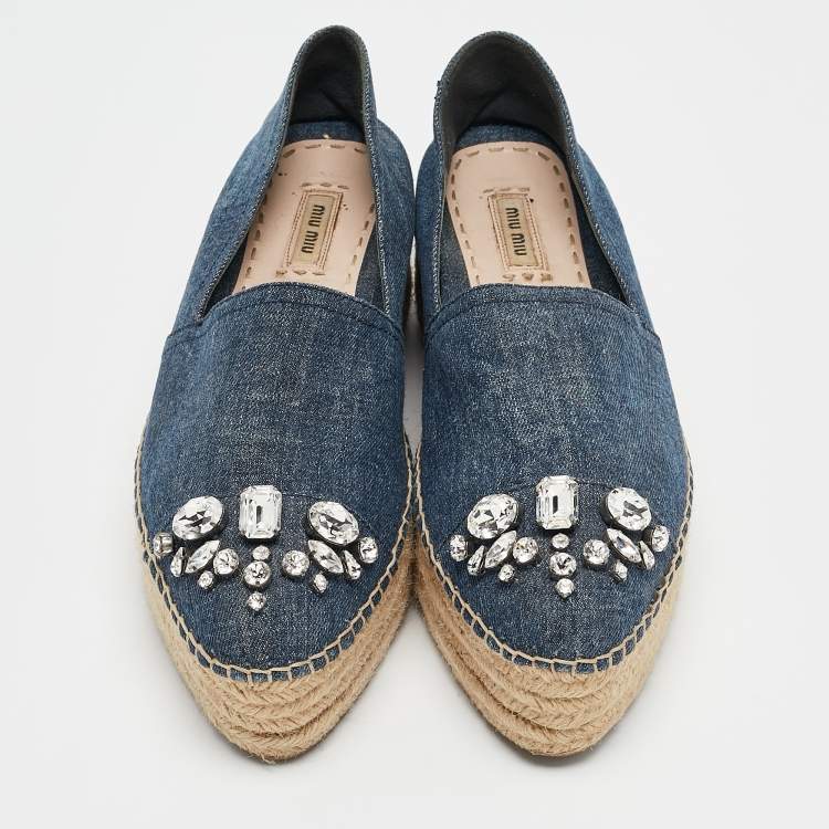 Pre Owned Miu Miu Blue Denim Crystal Embellished Platform Espadrille Flats Size 40