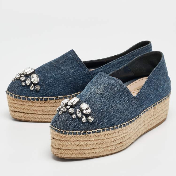 Pre Owned Miu Miu Blue Denim Crystal Embellished Platform Espadrille Flats Size 40