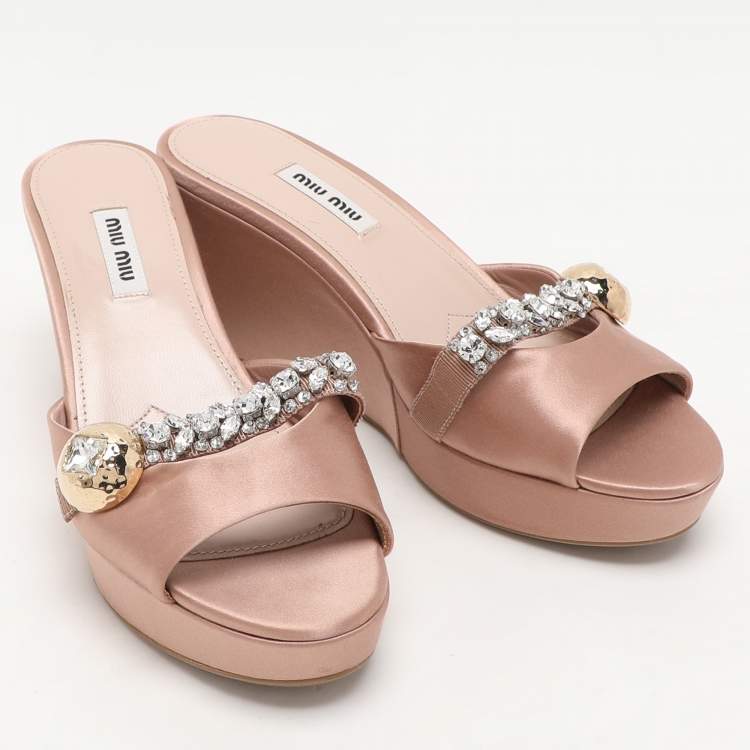 Pre Owned Miu Miu Nude Pink Satin Crystal Embellished Wedge Platform Slide Sandals Size 38.5