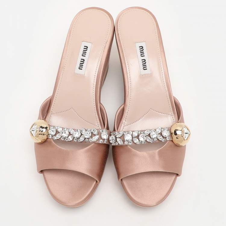 Pre Owned Miu Miu Nude Pink Satin Crystal Embellished Wedge Platform Slide Sandals Size 38.5
